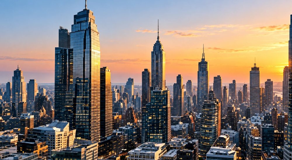 City skyline at sunset