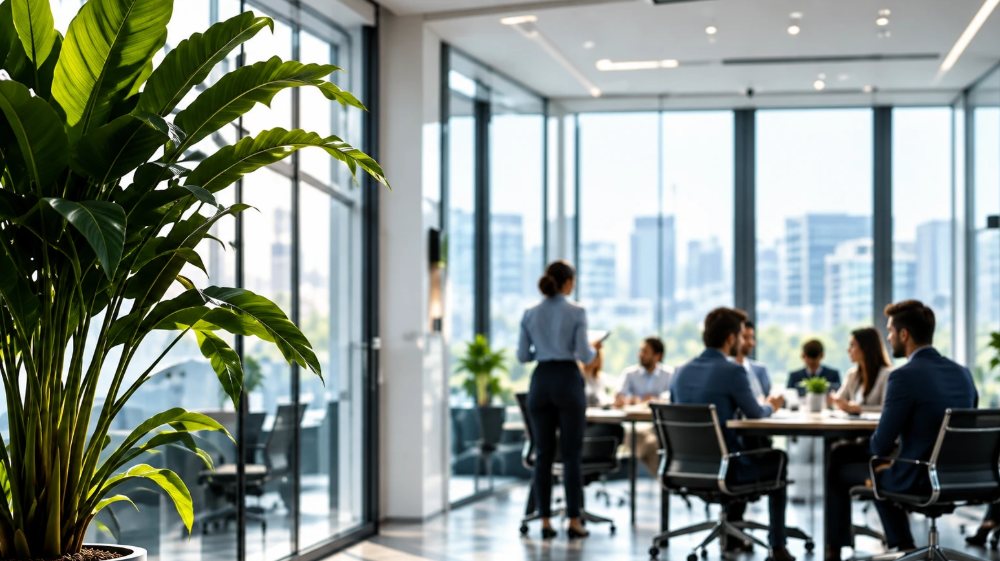 Bright open office with a meeting