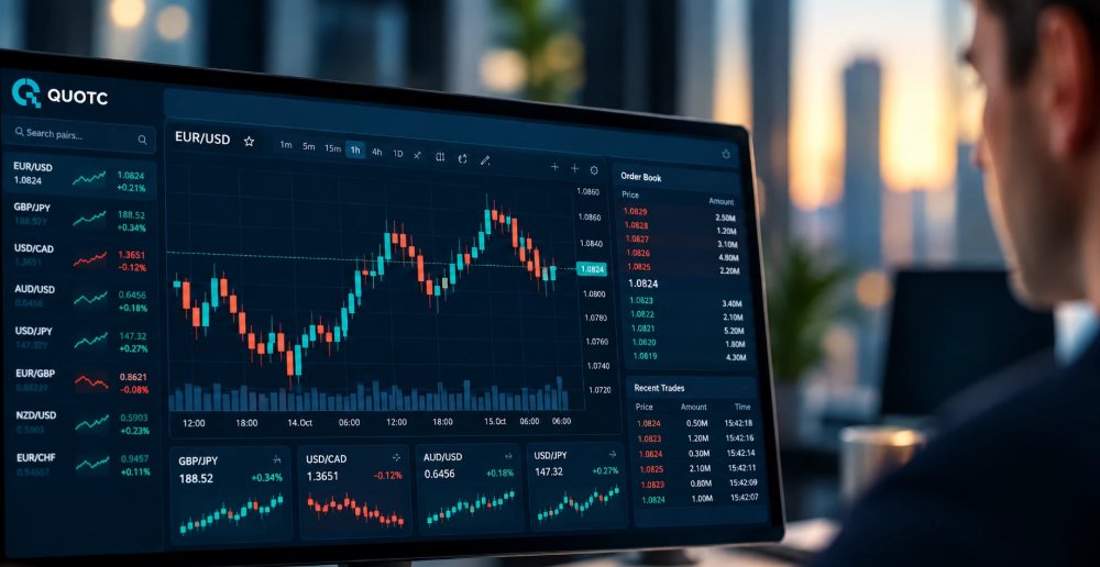 QUOTC trading terminal with an EUR/USD chart